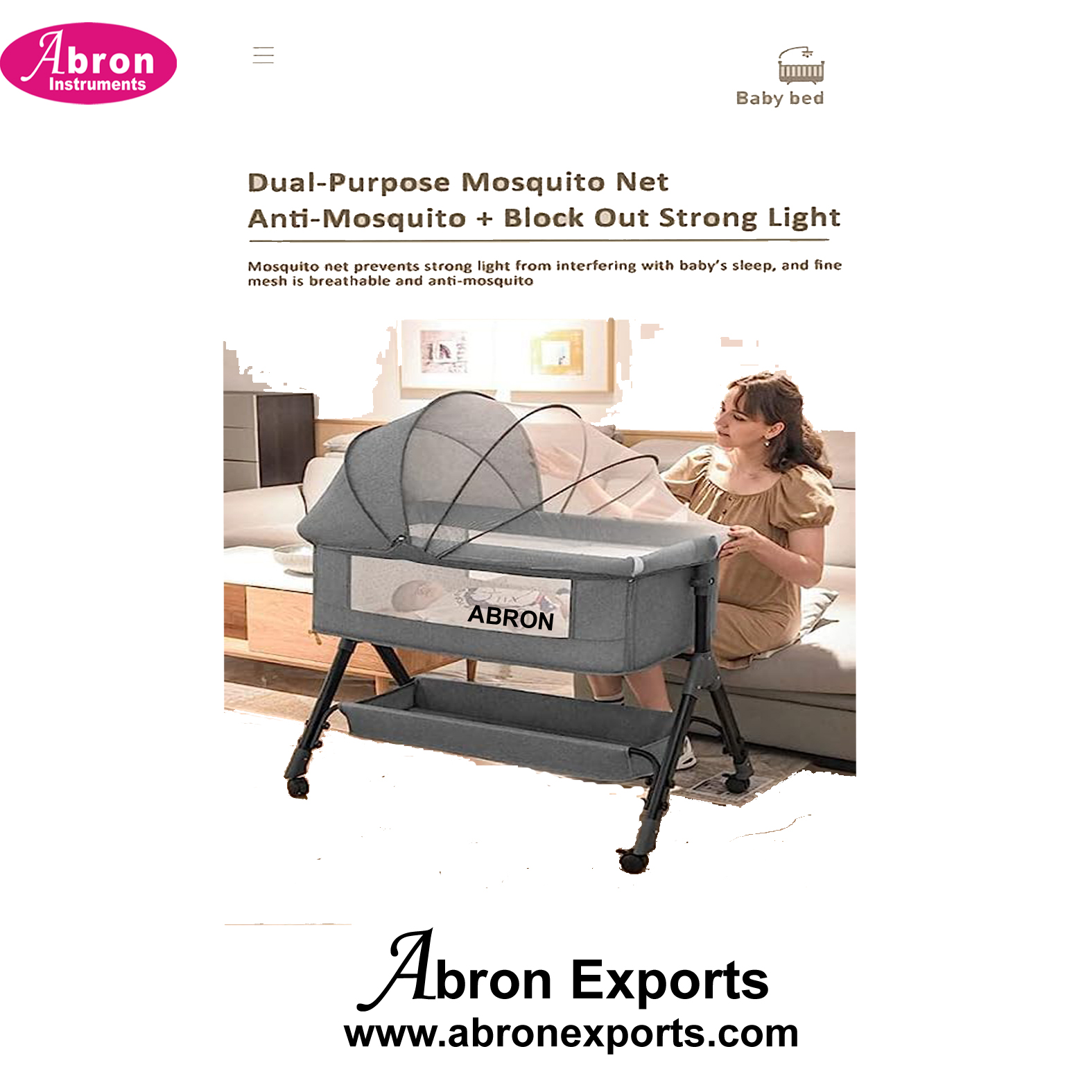 Hospital Trolley Baby Crib Cradle for Baby Infants with Height Adjustments Breathable Net Adjustable Portable Abron ABM-2357BH 